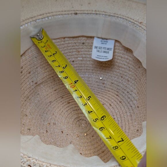 Beige Straw Sun Hat Wide Brim Gold Sequins Faux Leather Band Boho Beach Vacation - Picture 6 of 6